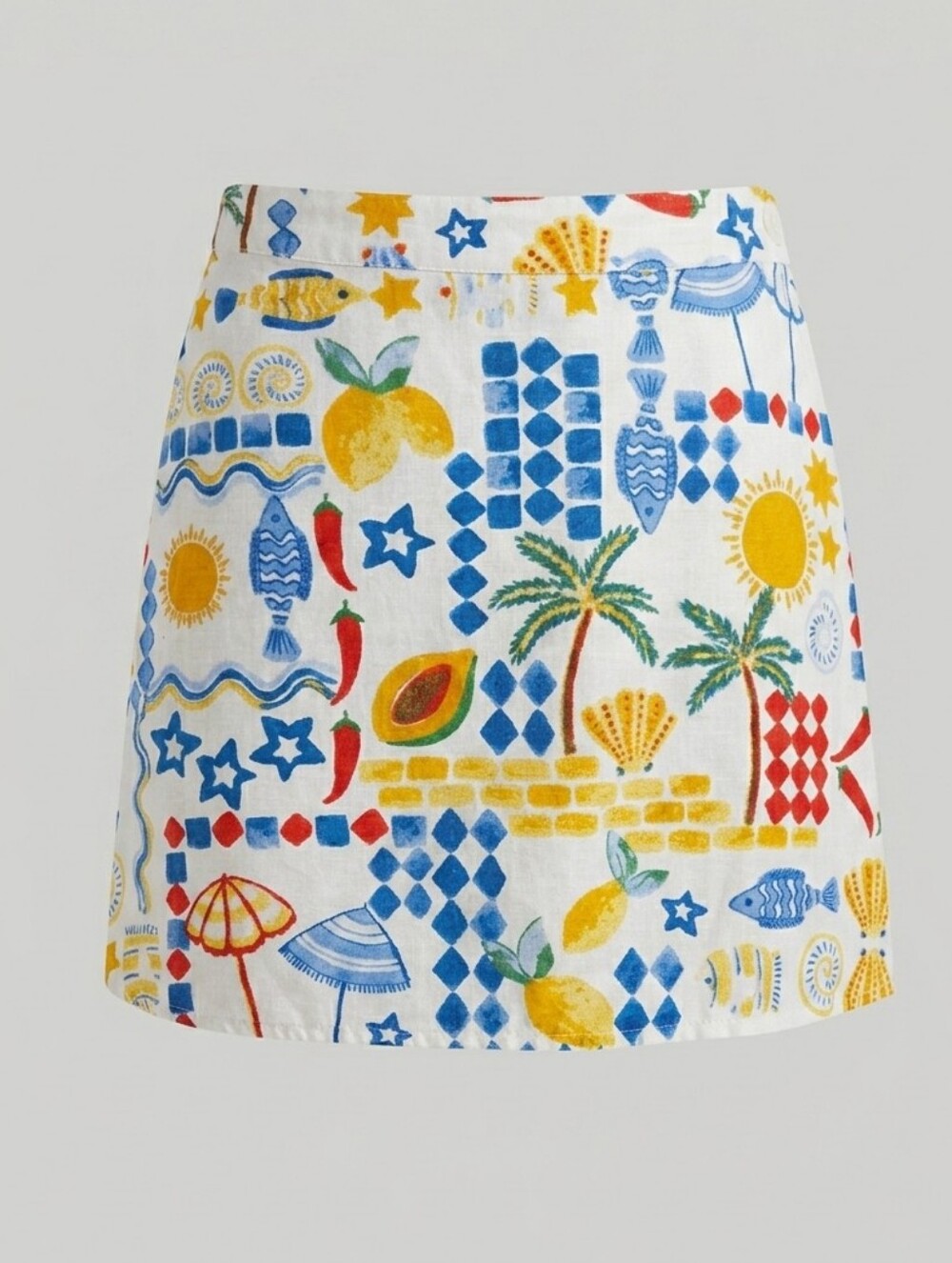 Midnight Sky Mediterranean Print Mini Skirt M Linen Blend Vacation Resortwear